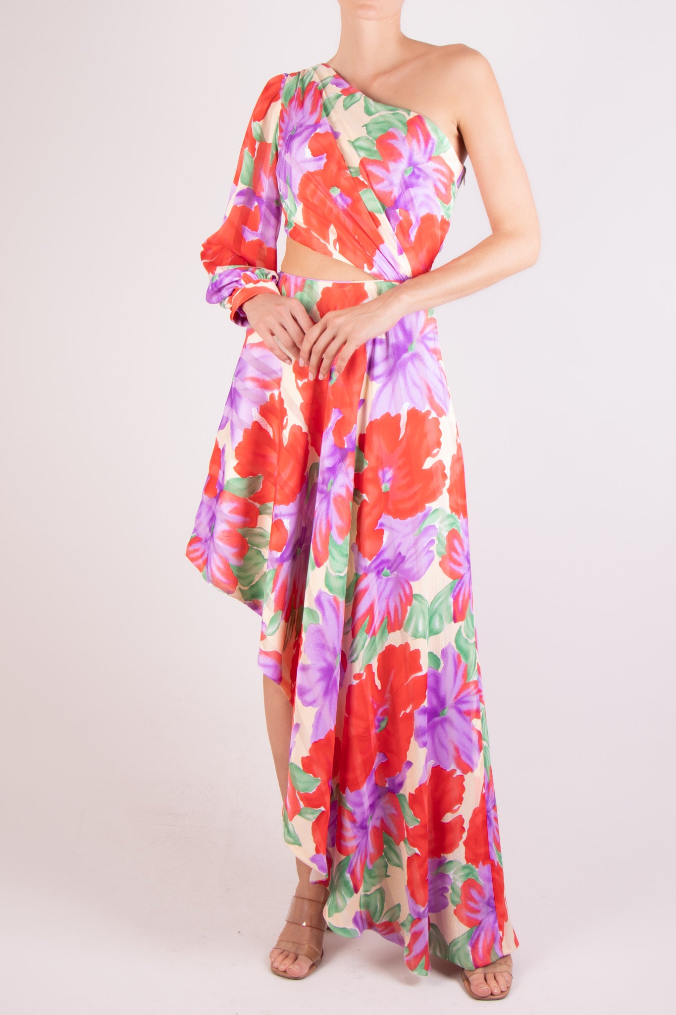 Vestido chifon una manga asimétrico print multi