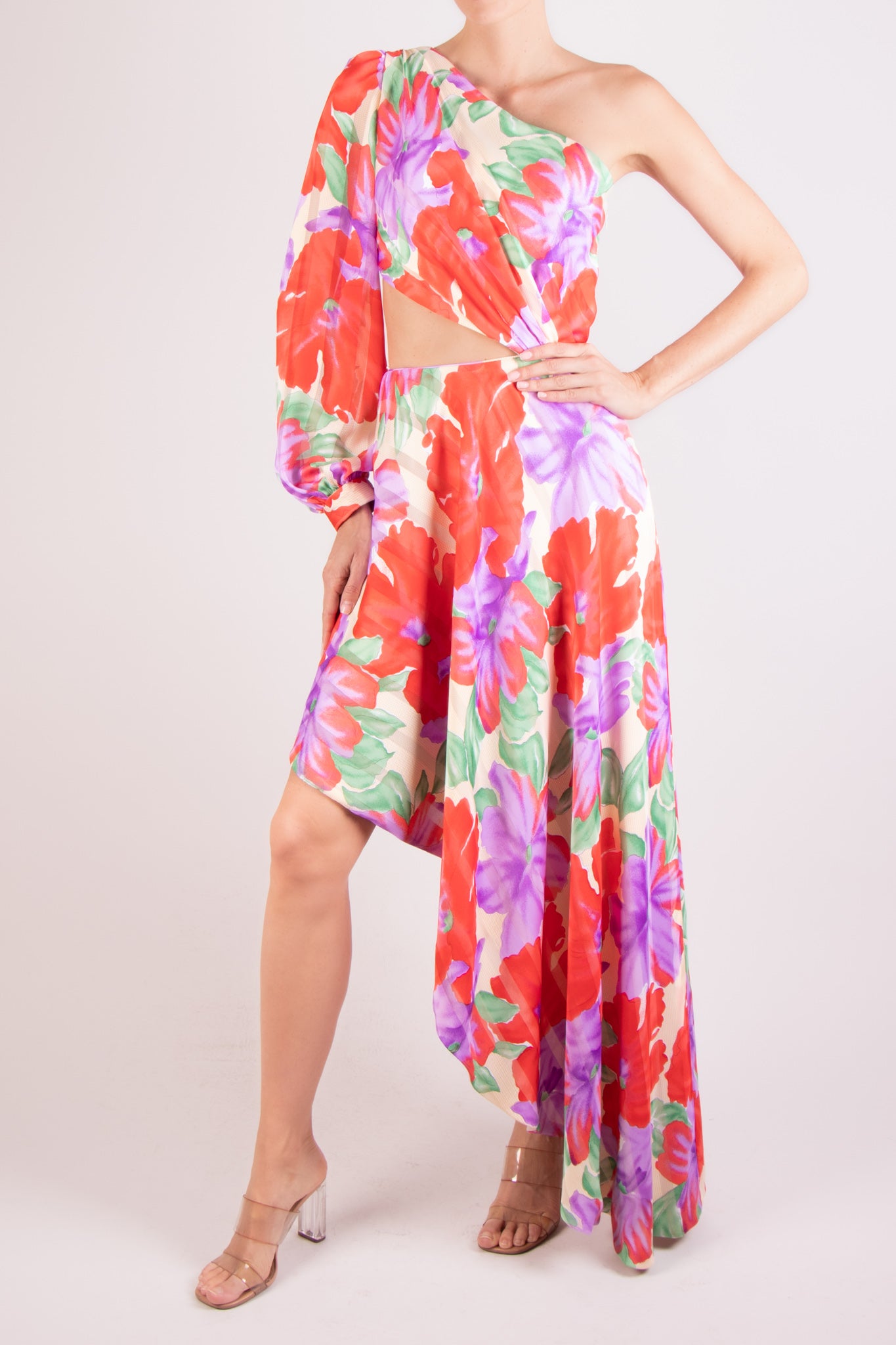 Vestido chifon una manga asimétrico print multi