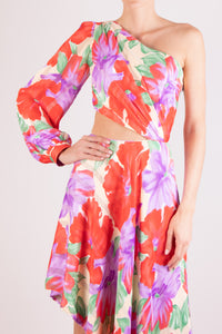 Vestido chifon una manga asimétrico print multi