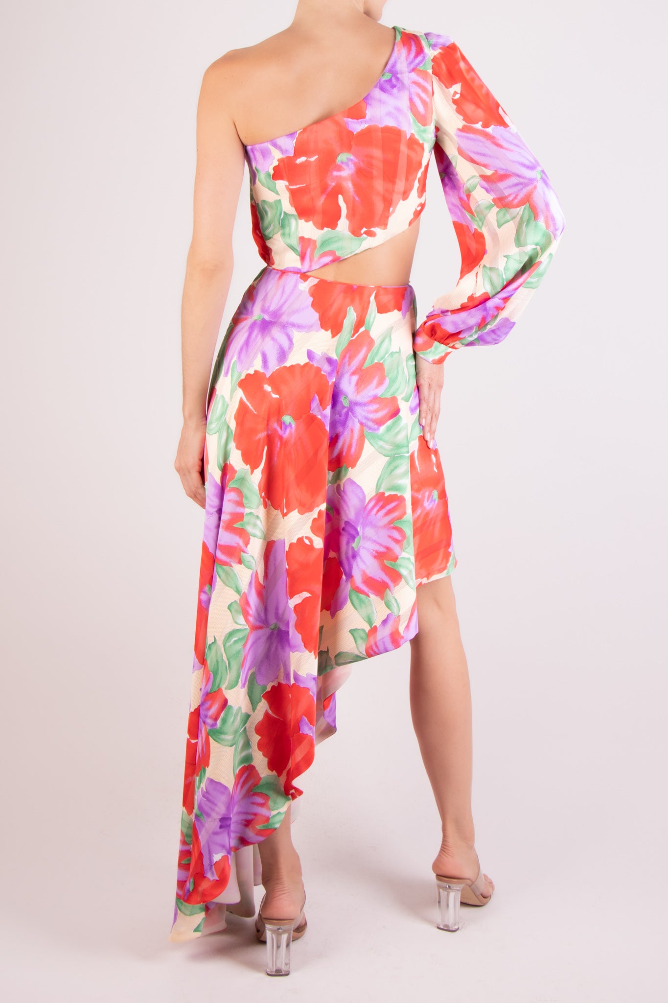 Vestido chifon una manga asimétrico print multi